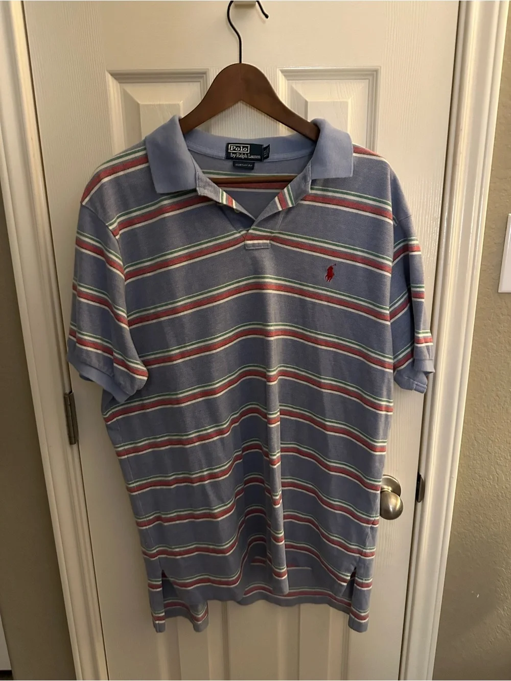 Ralph Lauren Light Blue Polo with Red and Green Stripes